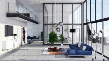 modern parlak iç mekan 3D resimleme