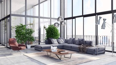 modern parlak iç mekan 3D resimleme