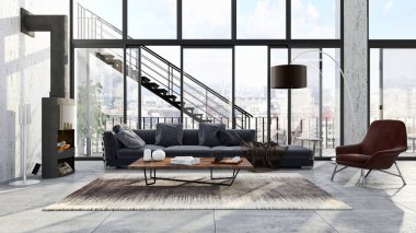 modern parlak iç mekan 3D resimleme