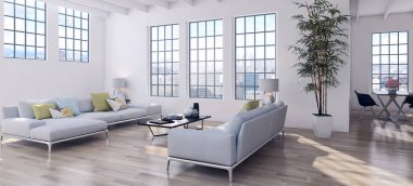 Modern parlak iç. 3D render illüstrasyon