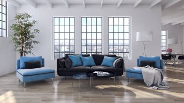 Modern parlak iç. 3D render illüstrasyon