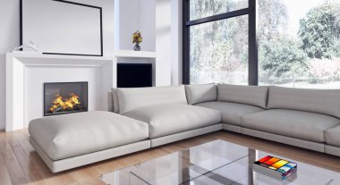 Modern parlak iç. 3D render illüstrasyon