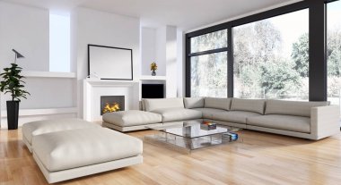 Modern parlak iç. 3D render illüstrasyon