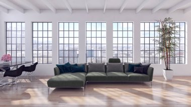 Modern parlak iç. 3D render illüstrasyon