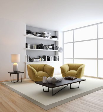 Modern parlak iç. 3D render illüstrasyon