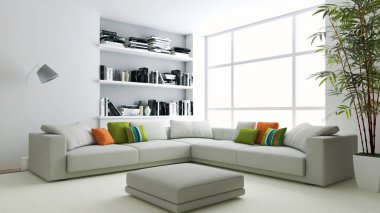 Modern parlak iç. 3D render illüstrasyon