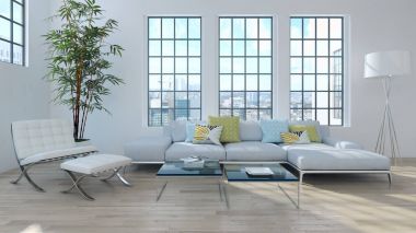 Modern parlak iç. 3D render illüstrasyon