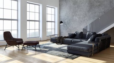 Modern parlak iç. 3D render illüstrasyon