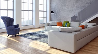 Modern parlak iç. 3D render illüstrasyon