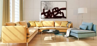 Modern parlak iç. 3D render illüstrasyon