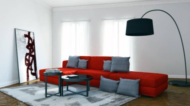 Modern parlak iç. 3D render illüstrasyon