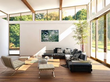 Modern parlak iç. 3D render illüstrasyon