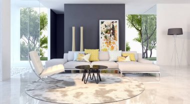 Modern parlak iç. 3D render illüstrasyon