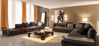Modern parlak iç. 3D render illüstrasyon