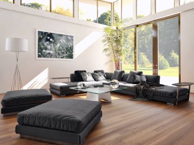 Modern parlak iç. 3D render illüstrasyon