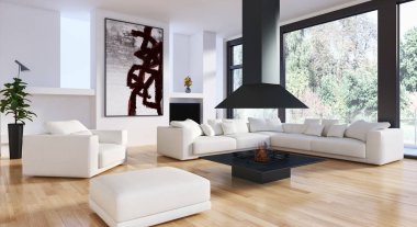 Modern parlak iç. 3D render illüstrasyon