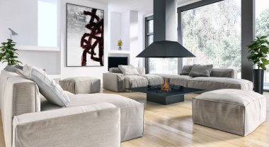 Modern parlak iç. 3D render illüstrasyon