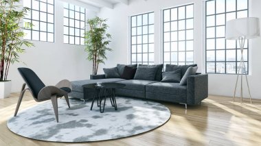 Modern parlak iç. 3D render illüstrasyon