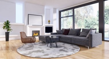 Modern parlak iç. 3D render illüstrasyon
