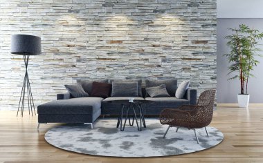 Modern parlak iç. 3D render illüstrasyon