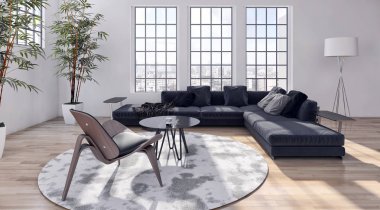 Modern parlak iç. 3D render illüstrasyon