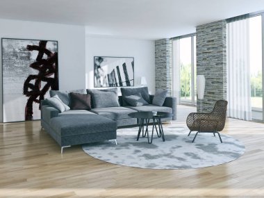 Modern parlak iç. 3D render illüstrasyon