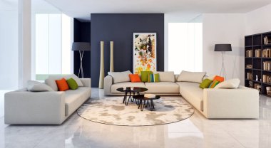 Modern parlak iç. 3D render illüstrasyon