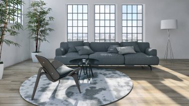 Modern parlak iç. 3D render illüstrasyon