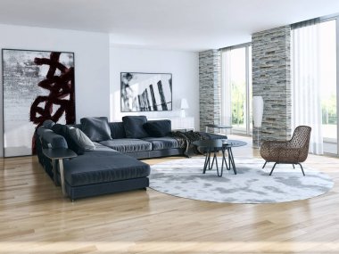 Modern parlak iç. 3D render illüstrasyon