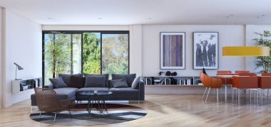 Modern parlak iç. 3D render illüstrasyon