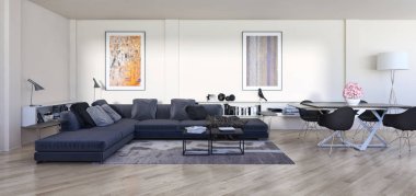 Modern parlak iç. 3D render illüstrasyon