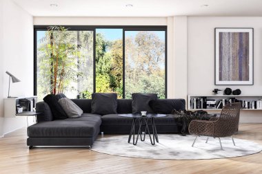 Modern parlak iç. 3D render illüstrasyon