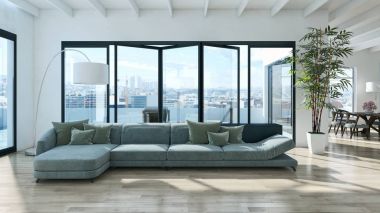 Modern parlak iç. 3D render illüstrasyon