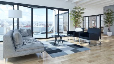 Modern parlak iç. 3D render illüstrasyon