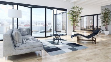 Modern parlak iç. 3D render illüstrasyon