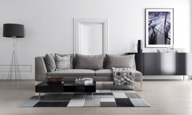 Modern parlak iç. 3D render illüstrasyon