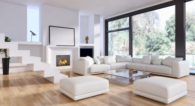 Modern parlak iç. 3D render illüstrasyon