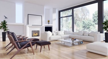 Modern parlak iç. 3D render illüstrasyon