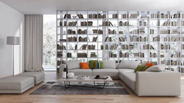 Modern parlak iç. 3D render illüstrasyon