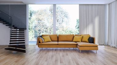 Modern parlak iç. 3D render illüstrasyon