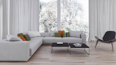 Modern parlak iç. 3D render illüstrasyon