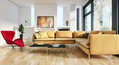 Modern parlak iç. 3D render illüstrasyon