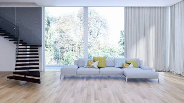 Modern parlak iç. 3D render illüstrasyon