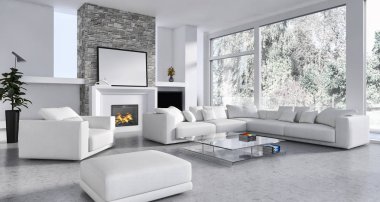 Modern parlak iç. 3D render illüstrasyon