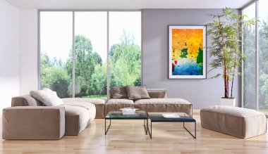 Modern parlak iç. 3D render illüstrasyon