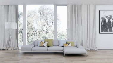 Modern parlak iç. 3D render illüstrasyon