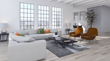 Modern parlak iç. 3D render illüstrasyon