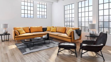 Modern parlak iç. 3D render illüstrasyon