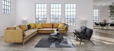 Modern parlak iç. 3D render illüstrasyon