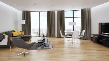 Modern parlak iç. 3D render illüstrasyon